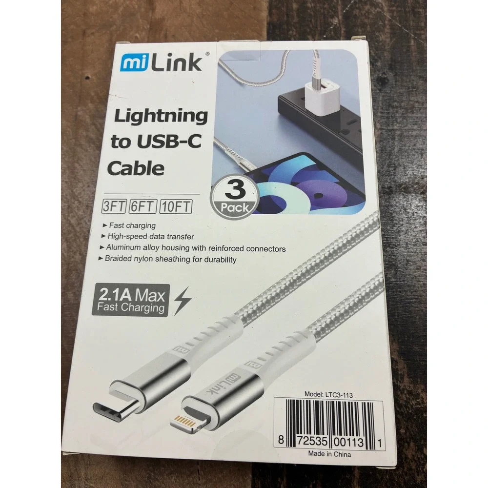miLink Lightning to USB-C Cable 3Pack Braided Nylon 3ft 6ft 10ft Silver LTC3-113
